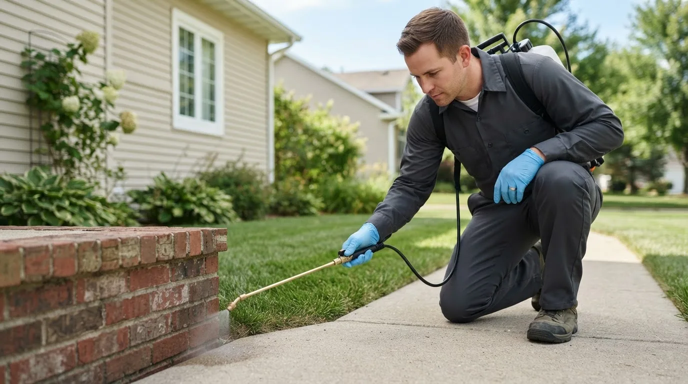 Pest control technician treating a home near Denmark, IA