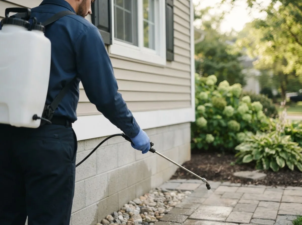 Pest control technician inspecting a home in Denmark, IA